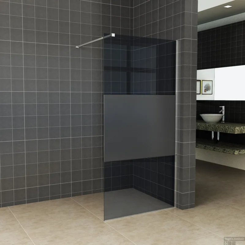 Aanbieding BWS Inloopdouche Pro Line Rookglas met Middenband 100x200 8mm Nano Coating RVS Profiel en Stang
