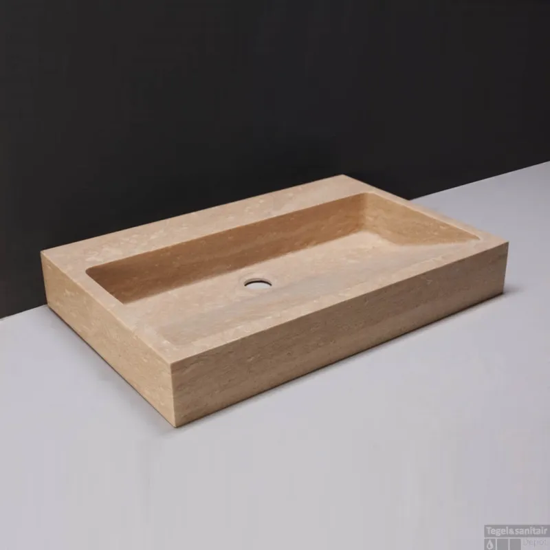 Fabrieksprijs Wastafel Forzalaqua Palermo Travertin Gezoet Met Kraangat Beige 60x40x9 cm