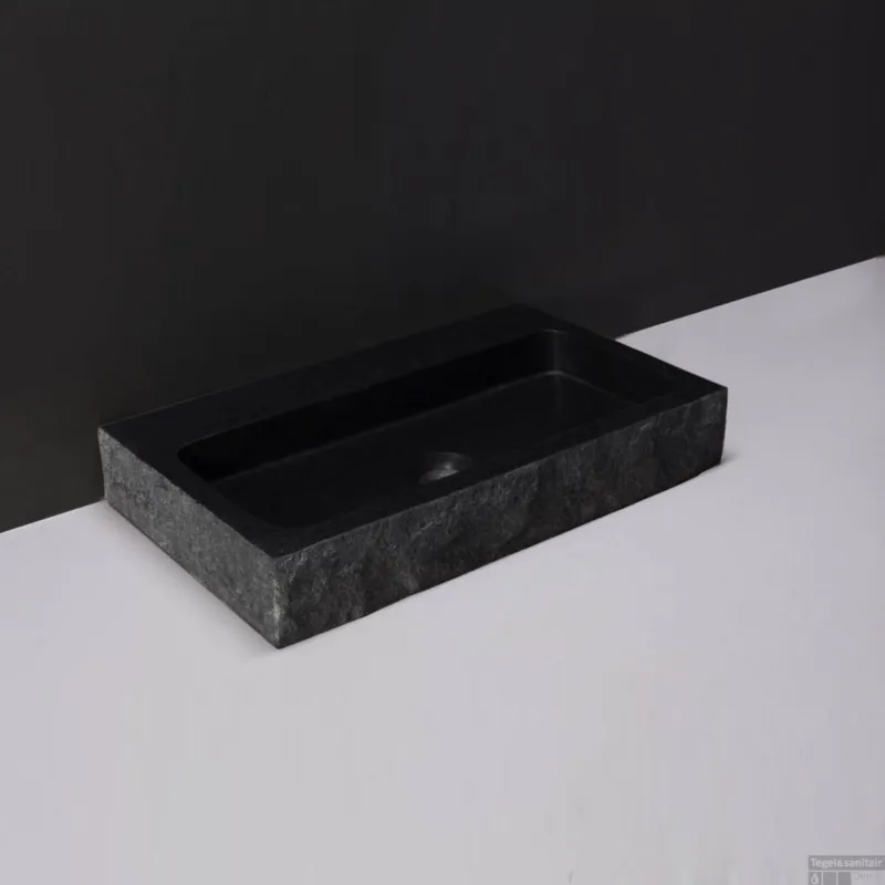 Fabrieksprijs Wastafel Forzalaqua Taranto Graniet Gezoet Gekapt Zonder Kraangat Zwart 50x30x8 cm