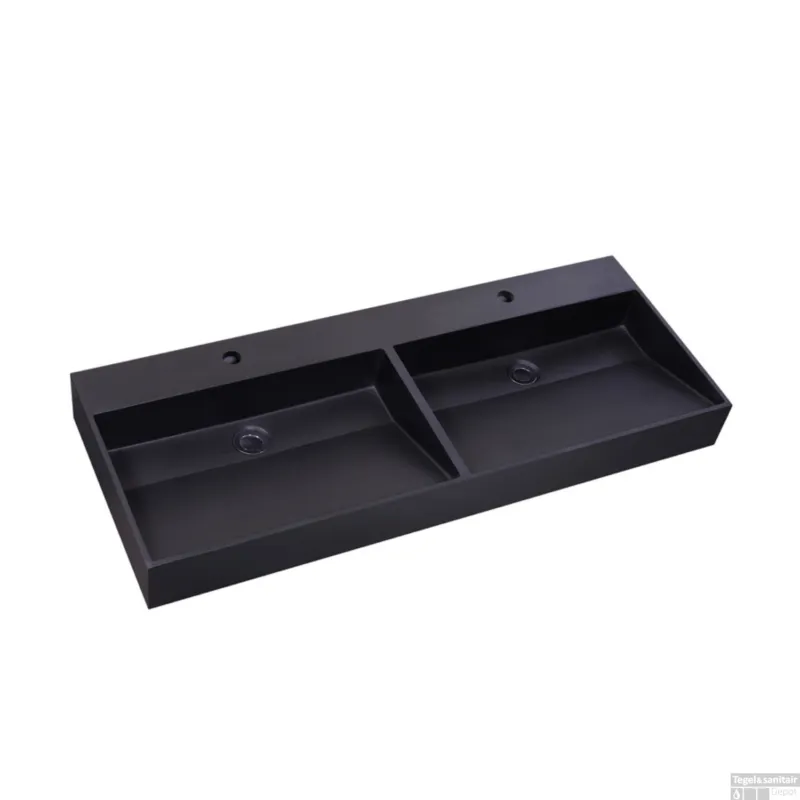 Aanbieding Wastafel Sanilux Quartz Trend 140x47x12 cm Dubbele Spoelbak Mat Zwart (2 kraangaten)