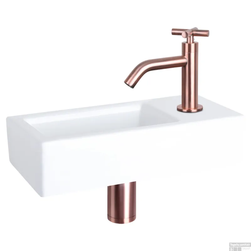 Hete Deal Fonteinset Differnz Ravo Keramiek 38.5x18.5x9 cm Wit Met Gebogen Kruis Kraan Rood Koper