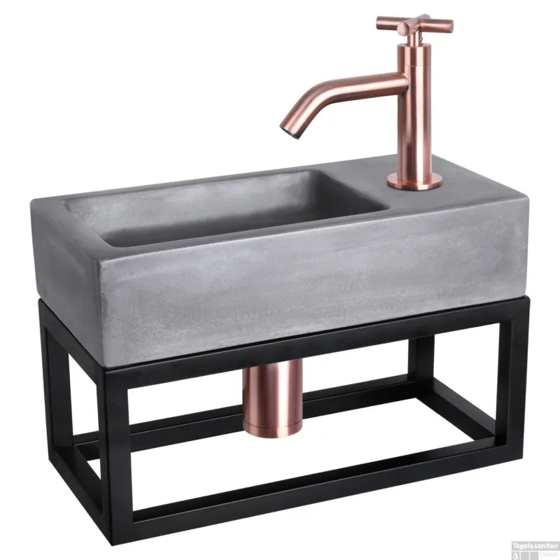 Fonteinset Differnz Ravo Beton en Handoekrek 38.5x18.5x9 cm Donker Grijs Met Gebogen Kruis Kraan Rood Koper Meest Verkocht