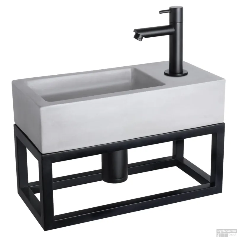 Beperkte Voorraad Fonteinset Differnz Ravo Beton en Handoekrek 38.5x18.5x9 cm Licht Grijs Met Rechte Kraan Mat Zwart