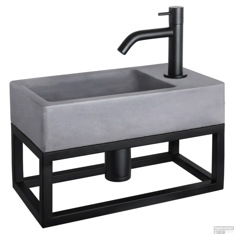 Fonteinset Differnz Force Beton en Handoekrek 40x22x9 cm Donker Grijs Met Gebogen Kraan Mat Zwart Voordeelprijs