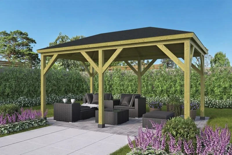Aanbieding Prieel Grande | Ruime Tuin Overkapping - Dakshingles Recht Zwart (24m2)