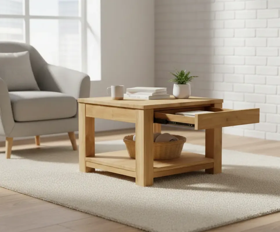 Aanbieding Teakhouten Bijzettafel Dico – 50x50 cm – Duurzaam FSC® Teakhout met Lade