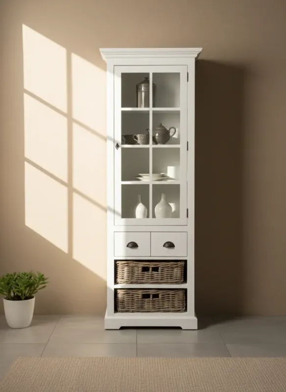 Tijdelijk Beschikbaar Napoli Vitrinekast - Landelijk Wit - 70x45x190 cm - Mahonie & Teakhout - Inclusief 2 Koboo-manden