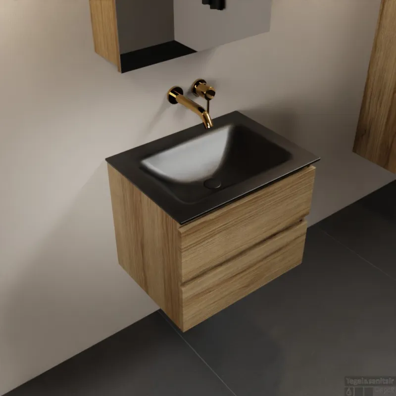 Direct Beschikbaar MONDIAZ AIVY 60cm badmeubel Chai, wastafel Urban solid surface midden zonder kraangat met spiegelkast (AI-351111URBAN-NO - AI-M60CHMI - AI-C60CHMI)