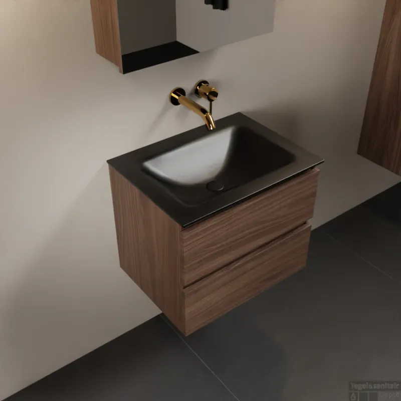 MONDIAZ AIVY 60cm badmeubel Mocha, wastafel Urban solid surface midden zonder kraangat met spiegelkast (AI-351111URBAN-NO - AI-M60MOMI - AI-C60MOMI) Lage Kosten