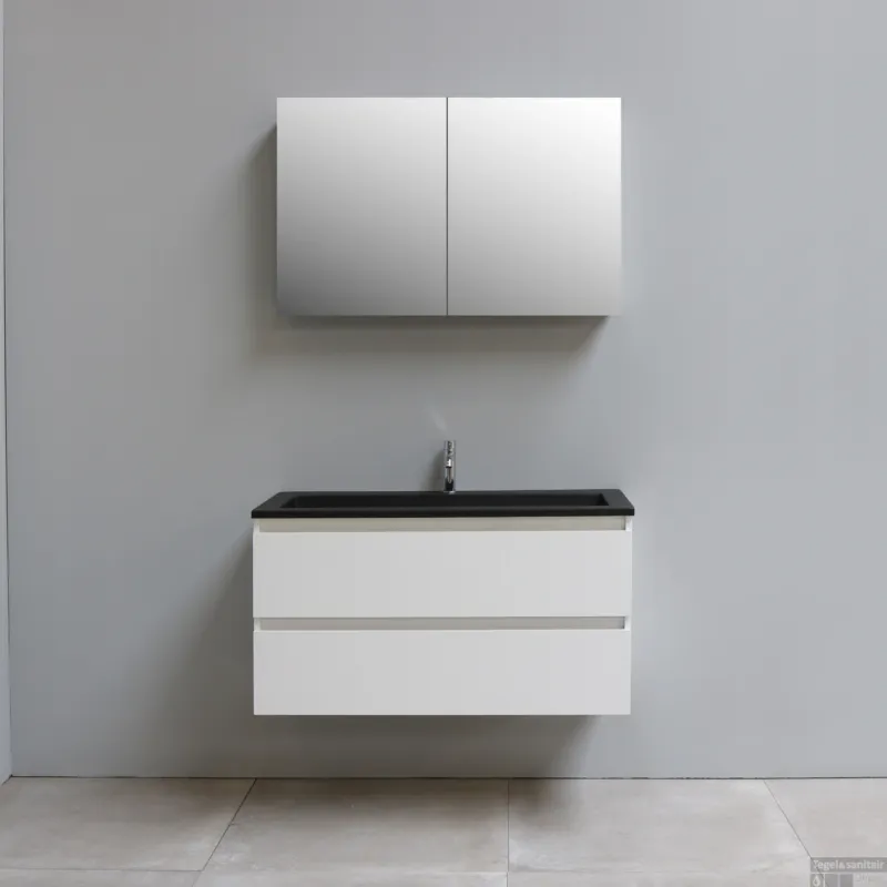 Aanbieding Badkamermeubel BWS Pepper Wastafel Acryl Mat Zwart Incl Spiegelkast 2 Deurs Met Kraangat 100x55x46 cm Wit