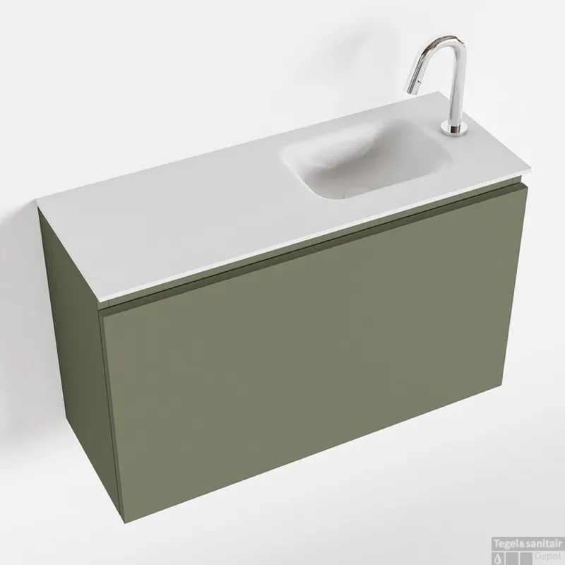 Lage Prijs MONDIAZ OLAN 80cm toiletmeubel army. LEX wastafel talc rechts 1 kraangat