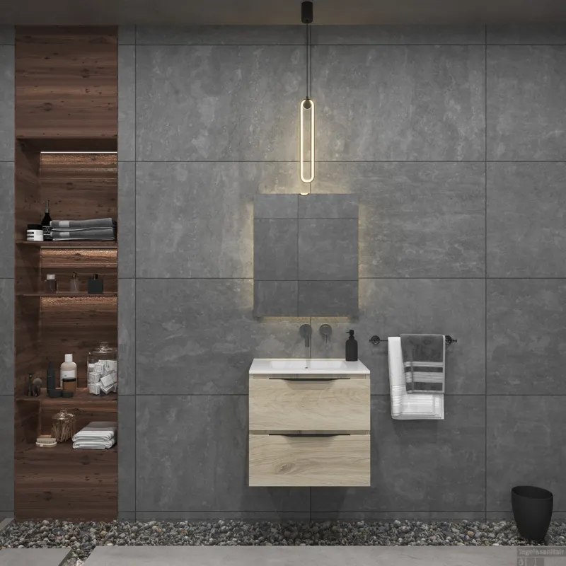 Badkamermeubelset Gliss Design Hera Mat Zwart 60cm 2 Laden Licht Grijs Eiken (Keuze Wastafel) Shop Nu