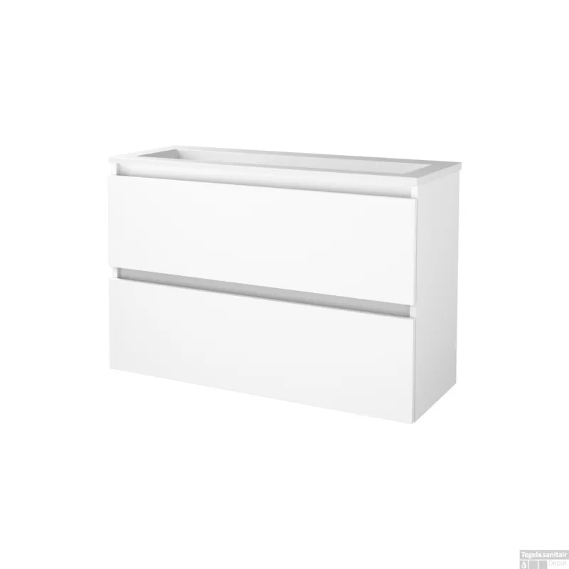 Aanbieding Badmeubelset BWS Salt 100x39cm Greeploos 2 Lades Met Wastafel Acryl Ice White