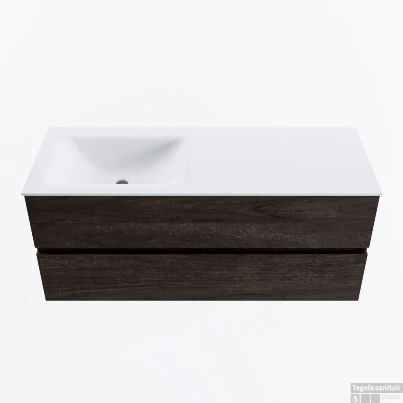 Laatste Kans MONDIAZ VICA 120cm badmeubel onderkast Dark Brown 2 lades. Wastafel CLOUD links zonder kraangat, kleur Talc.
