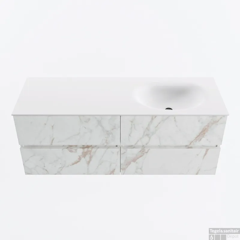 Korting MONDIAZ VICA 130cm badmeubel onderkast Carrara 4 lades. Wastafel MOON rechts zonder kraangat, kleur Talc.