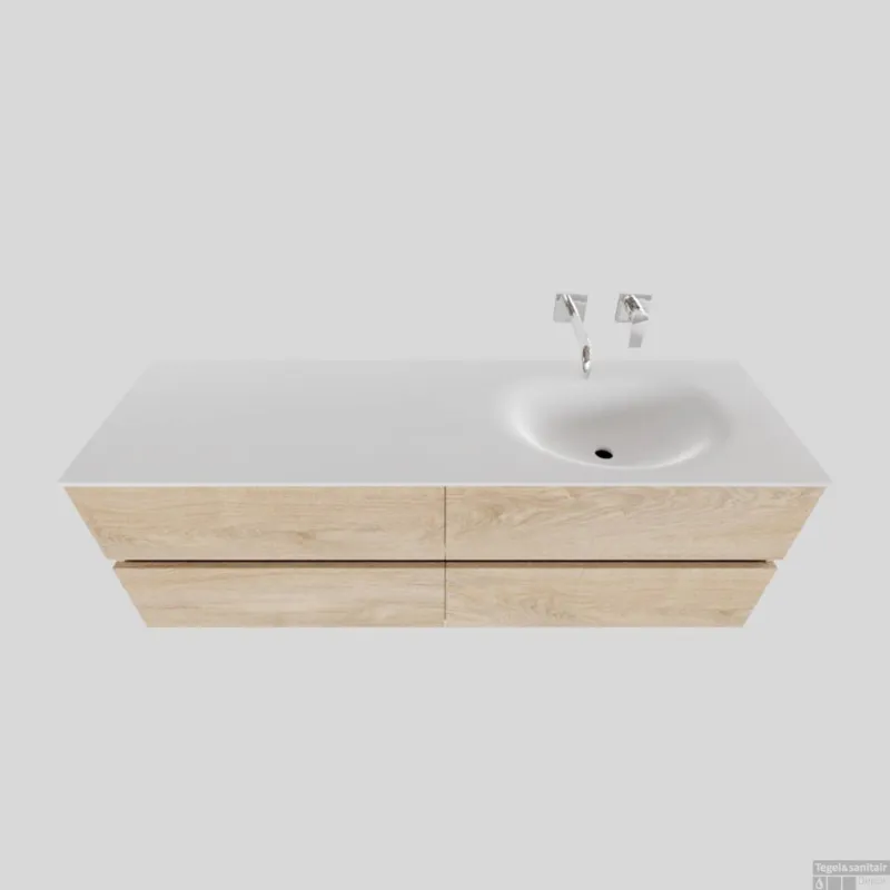 Badkamermeubel Solid Surface BWS Stockholm 150x46 cm Rechts Wood Washed Oak 4 Laden (0 kraangaten) Direct Beschikbaar