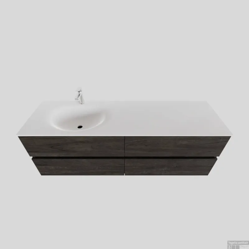 Aanbieding Badkamermeubel Solid Surface BWS Stockholm 150x46 cm Links Wood Dark Brown 4 Laden (met 1 kraangat)