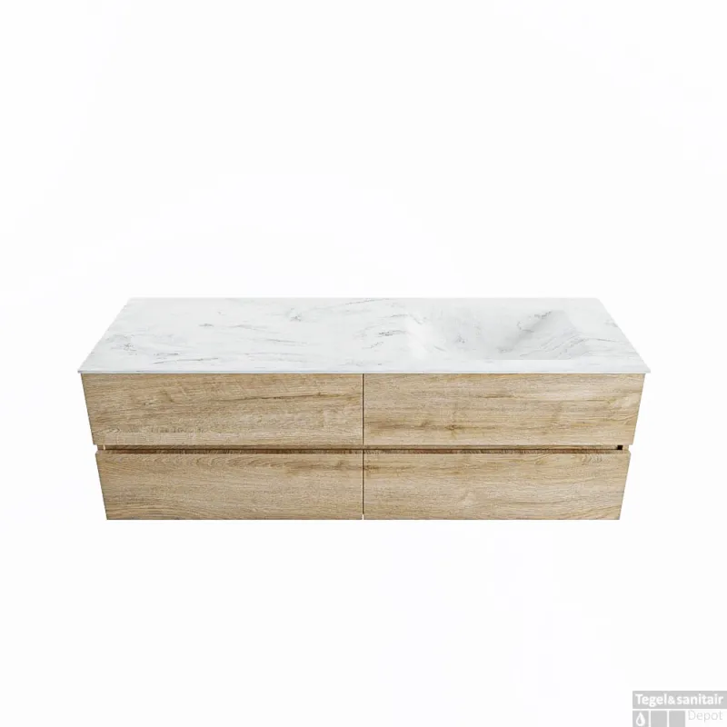 MONDIAZ VICA-DLUX 150cm badmeubel onderkast Washed Oak 4 lades. Inbouw wastafel CLOUD rechts zonder kraangat, kleur Opalo. Koopje