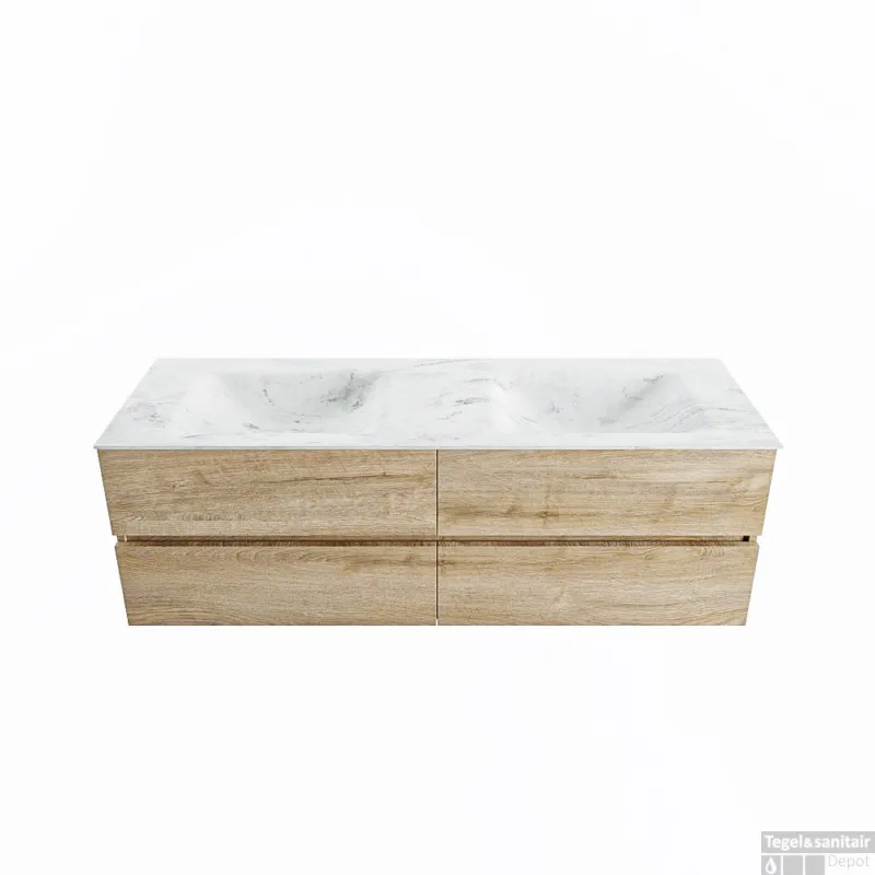 Beperkte Voorraad MONDIAZ VICA-DLUX 150cm badmeubel onderkast Washed Oak 4 lades. Inbouw wastafel CLOUD dubbel zonder kraangat, kleur Opalo.
