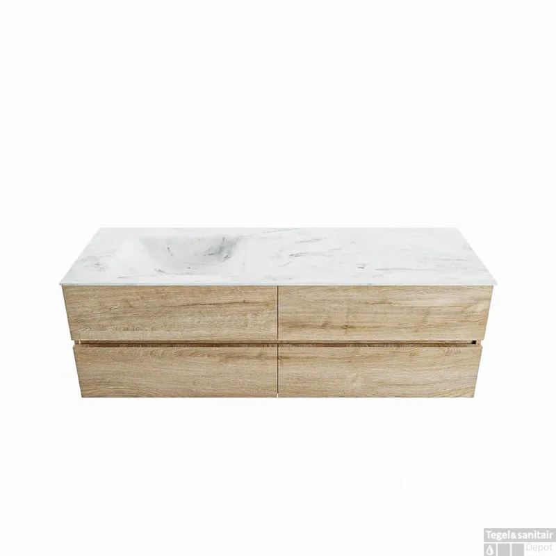 Koop Vandaag MONDIAZ VICA-DLUX 150cm badmeubel onderkast Washed Oak 4 lades. Inbouw wastafel CLOUD links 1 kraangat, kleur Opalo.