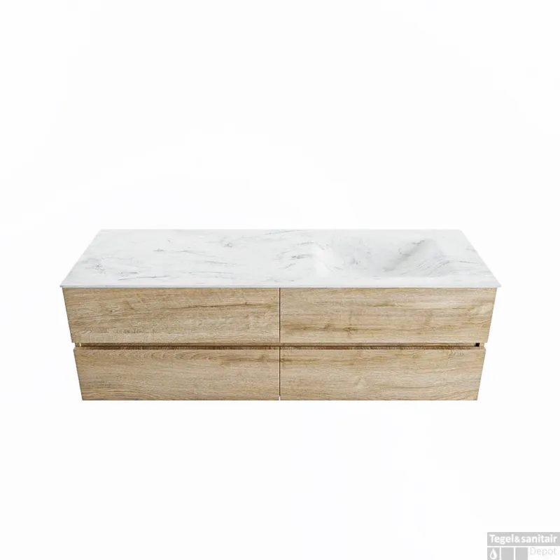 Premium MONDIAZ VICA-DLUX 150cm badmeubel onderkast Washed Oak 4 lades. Inbouw wastafel CLOUD rechts 1 kraangat, kleur Opalo.
