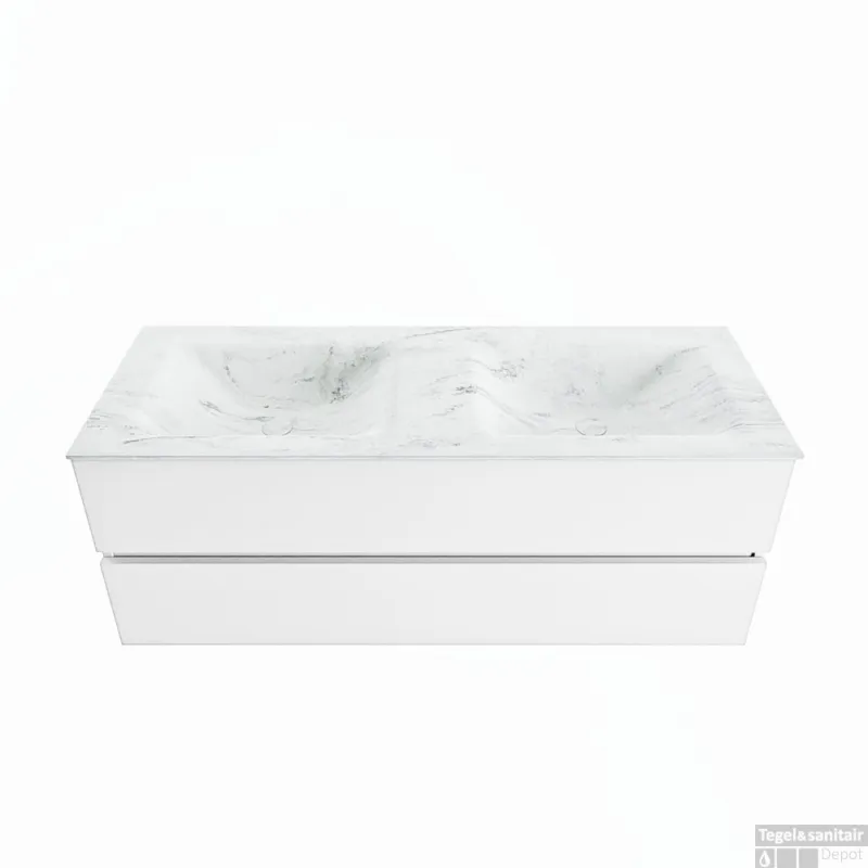 Goedkoop MONDIAZ VICA-DLUX 130cm badmeubel onderkast Talc 2 lades. Inbouw wastafel CLOUD dubbel zonder kraangat, kleur Opalo.