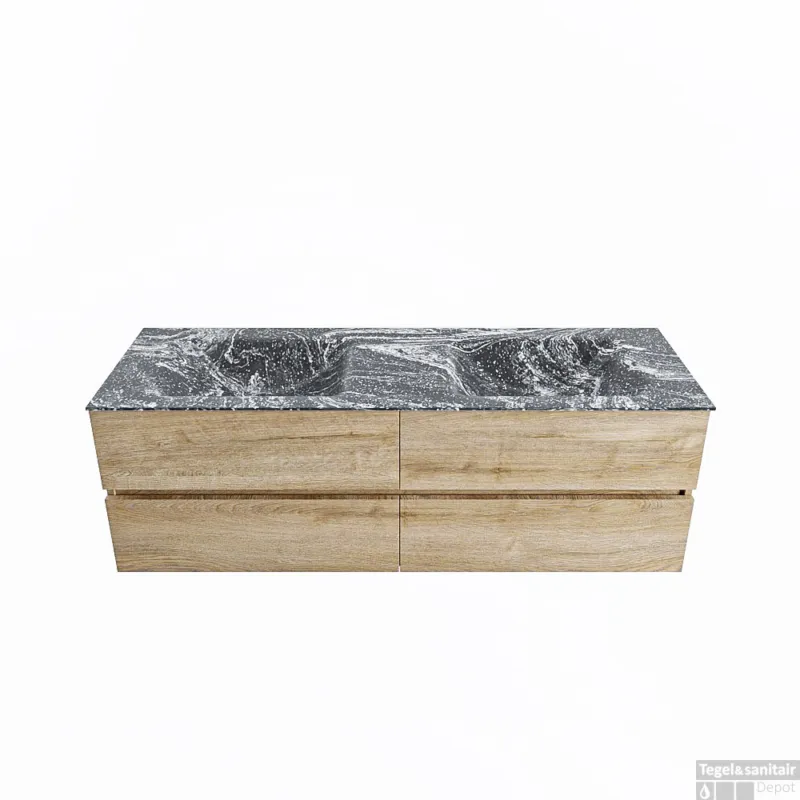 Gecertificeerd MONDIAZ VICA-DLUX 150cm badmeubel onderkast Washed Oak 4 lades. Inbouw wastafel CLOUD dubbel zonder kraangat, kleur Lava.