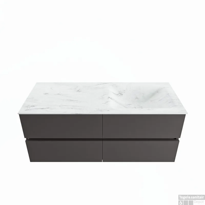 MONDIAZ VICA-DLUX 120cm badmeubel onderkast Dark grey 4 lades. Inbouw wastafel CLOUD rechts 1 kraangat, kleur Opalo. Fabrieksprijs
