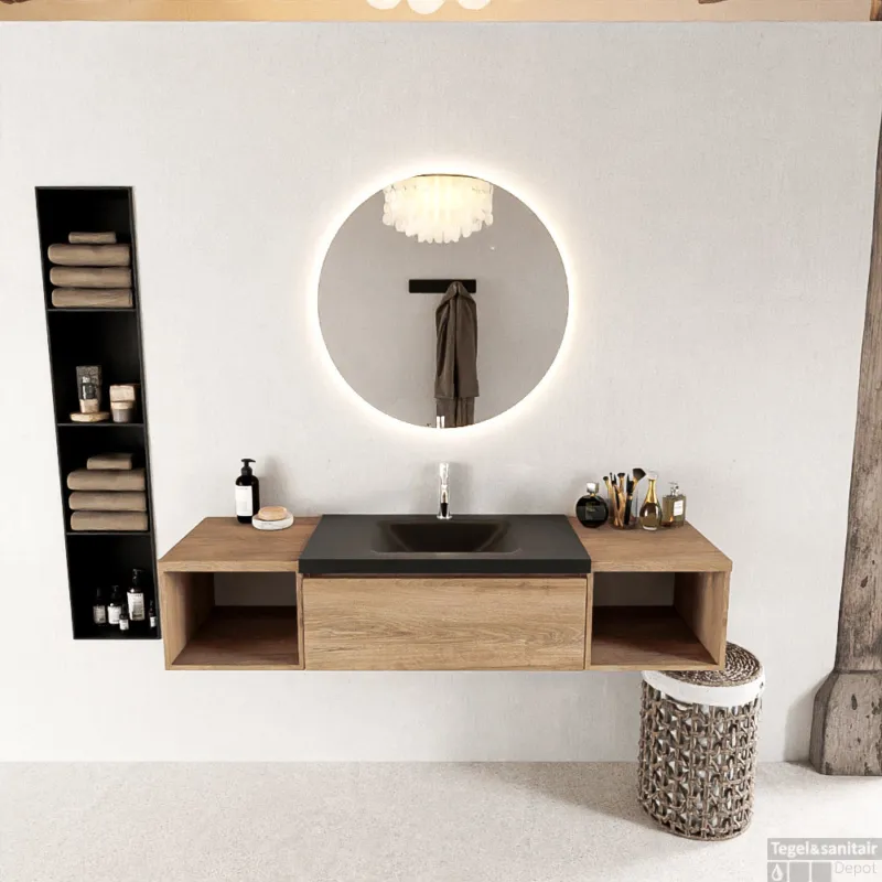 Speciale Aanbieding MONDIAZ BUKLA 160cm badmeubel met open module 40 L+R kleur Washed Oak met 2 lades. Wastafel CLOUD midden 1 kraangat kleur Urban.