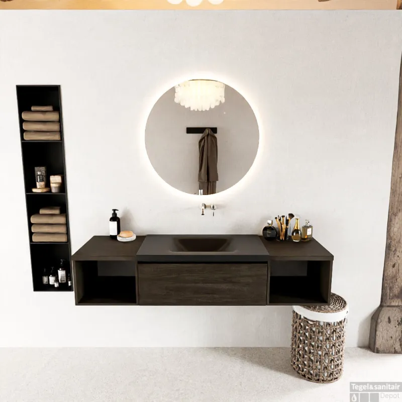 Superprijs MONDIAZ BUKLA 160cm badmeubel met open module 40 L+R kleur Dark Brown met 2 lades. Wastafel CLOUD midden 0 kraangaten kleur Urban.