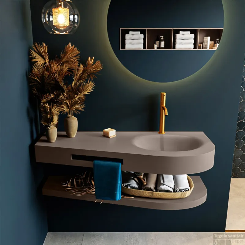 Exclusieve Aanbieding MONDIAZ RIVA 120cm Wastafel met planchet kleur Smoke. Wastafel DULCET rechts 1 kraangaten kleur Smoke.