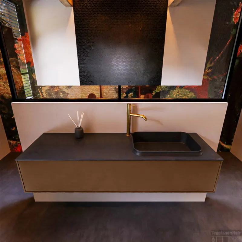 Laatste Kans Badkamermeubelset Mondiaz Erin 150 cm met 1 Lade met RIDGE Wastafel Rechts Urban met 1 kraangat Greeploos Mat Rust