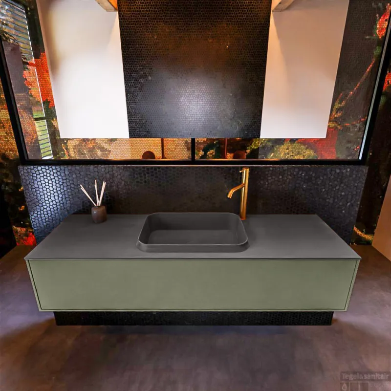 Badkamermeubelset Mondiaz Erin 150 cm met 1 Lade met RIDGE Wastafel Midden Dark grey met 1 kraangat Greeploos Mat Army Finale Uitverkoop