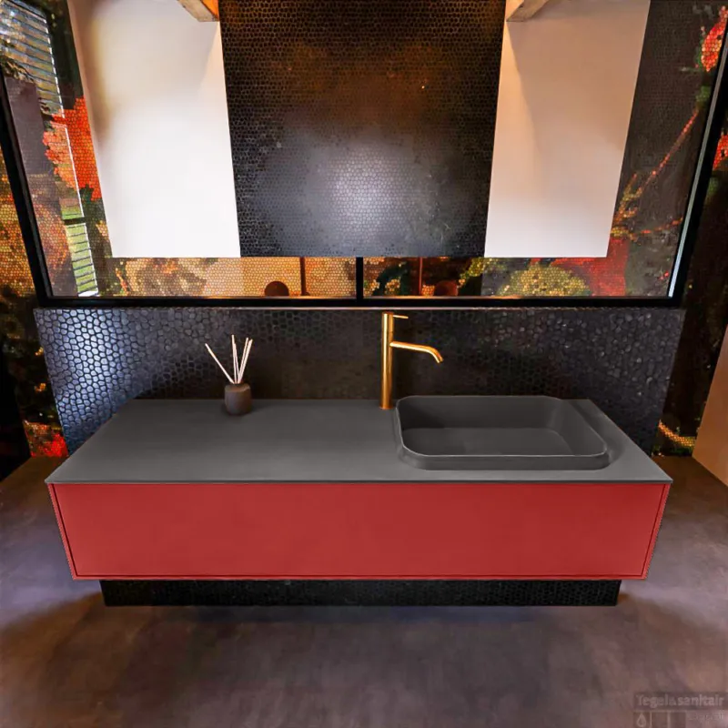 Bestel Nu Badkamermeubelset Mondiaz Erin 150 cm met 1 Lade met RIDGE Wastafel Rechts Dark grey met 1 kraangat Greeploos Mat Fire