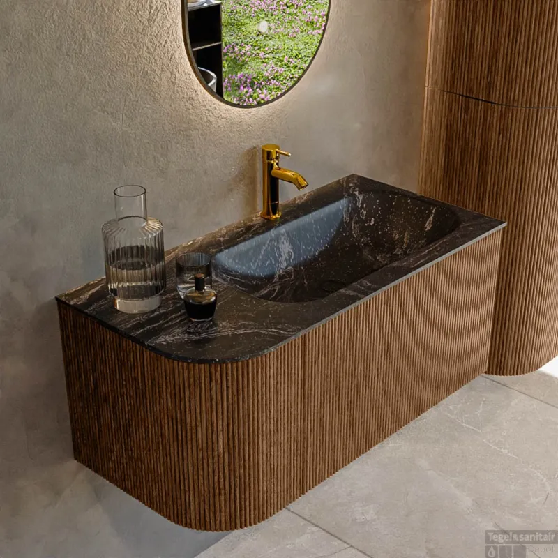 Mondiaz KURVE-DLUX 95 cm Onderkast Greeploos 1 Lade Met Deuren Walnut, Wastafel Solid Surface Rechts Lava 1 Kraangat Zonder Spiegel (KRVBGS95L1L1D1KR-Wal/Lav) Dagaanbieding