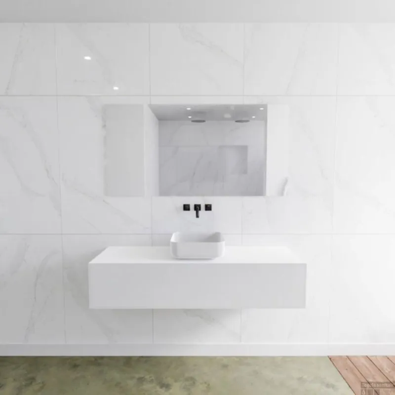 Badkamermeubelset Mondiaz LAGOM 140 cm met Topblad Gecentreerde Wastafel Solid Surface Opzetkom Binx Zonder Kraangaten Mat Wit (1 lade) Speciale Aanbieding