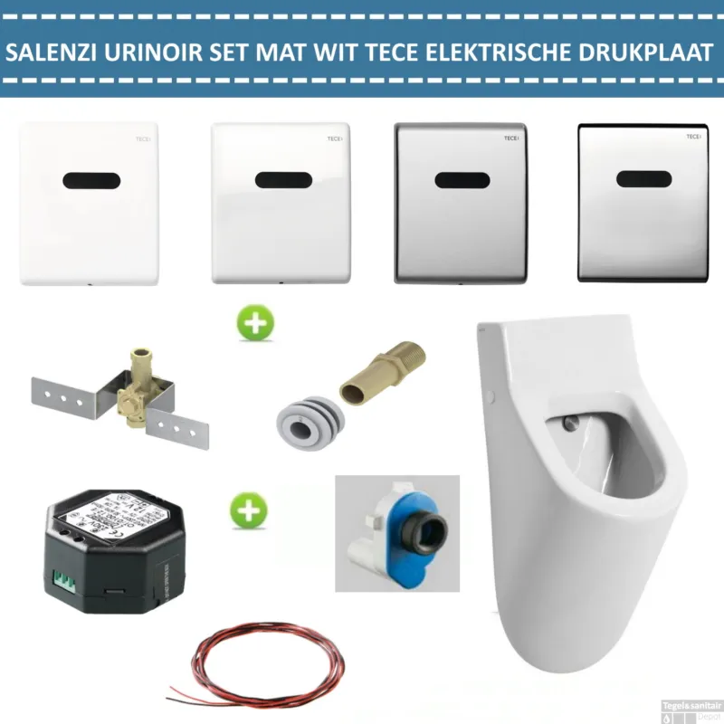 Voordeelprijs Urinoir Set Salenzi Hung Achterinlaat Mat Wit met TECE Drukplaat Elektronisch Adaptor