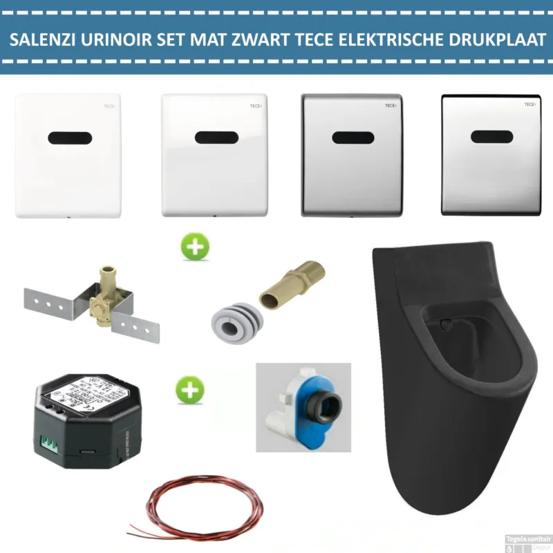 Urinoir Set Salenzi Hung Achterinlaat Mat Zwart met TECE Drukplaat Elektronisch Adaptor Gecertificeerd