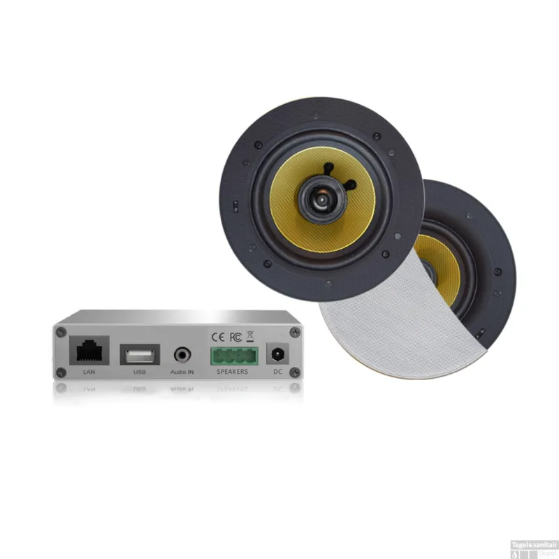 Gereduceerde Prijs Wifi-Audio Versterker Aquasound Airplay + DLNA 30W Inclusief Speakerset Aquasound Rumba 116 mm Wit