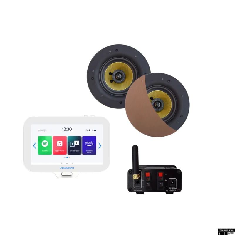 Shop Nu Connect Badkamerradio Aquasound N-Joy Controller (Ipx7) + Wand Lader + Rumba Speakerset Bluetooth / 30 Watt / 230V/12V Brushed Red Gold