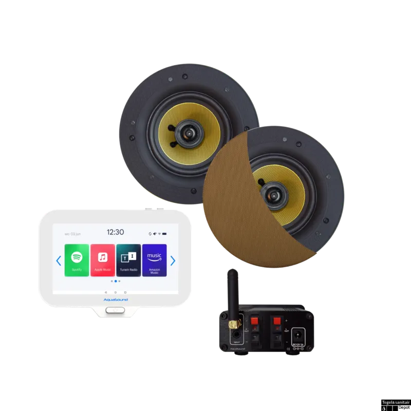 Nieuw Connect Badkamerradio Aquasound N-Joy Controller (Ipx7) + Wand Lader + Samba Speakerset Bluetooth / 50 Watt / 230V/12V Brushed Gold