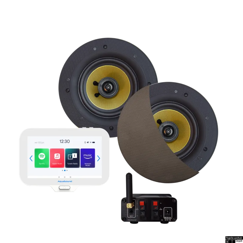 Weekendaanbieding Connect Badkamerradio Aquasound N-Joy Controller (Ipx7) + Wand Lader + Zumba Speakerset Bluetooth / 70 Watt / 230V/18V Inox/Rvs Look