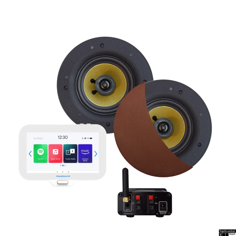 Flitsaanbieding Connect Badkamerradio Aquasound N-Joy Controller (Ipx7) + Wand Lader + Zumba Speakerset Bluetooth / 70 Watt / 230V/18V Brushed Koper
