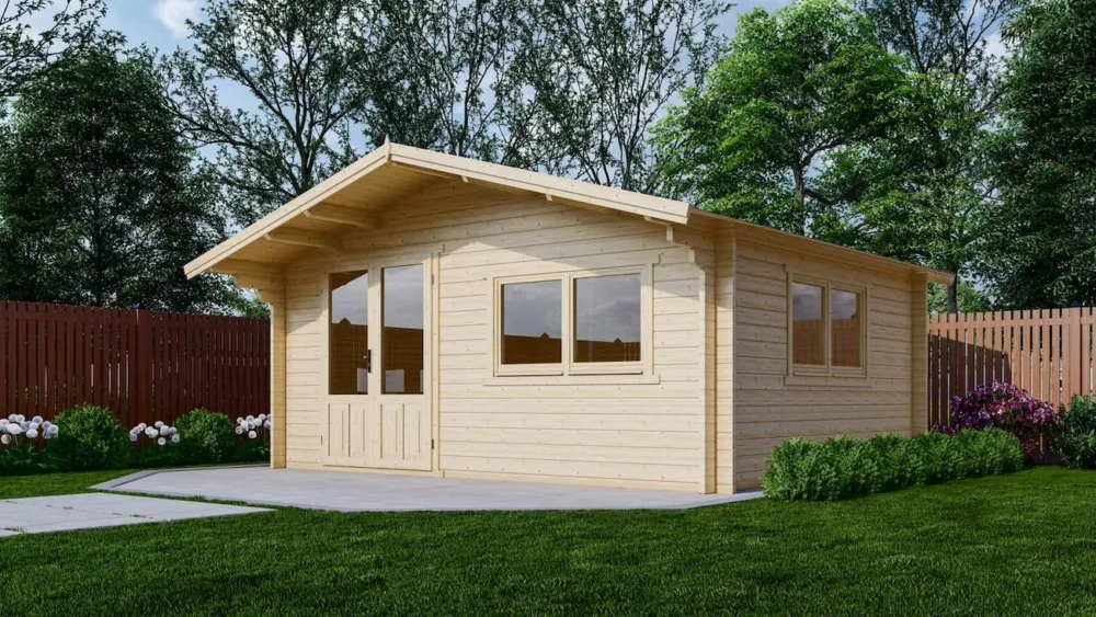 Superprijs Blokhut 5x4 Interflex 540x440x265cm + Luifel 60 cm Wanddikte 50mm
