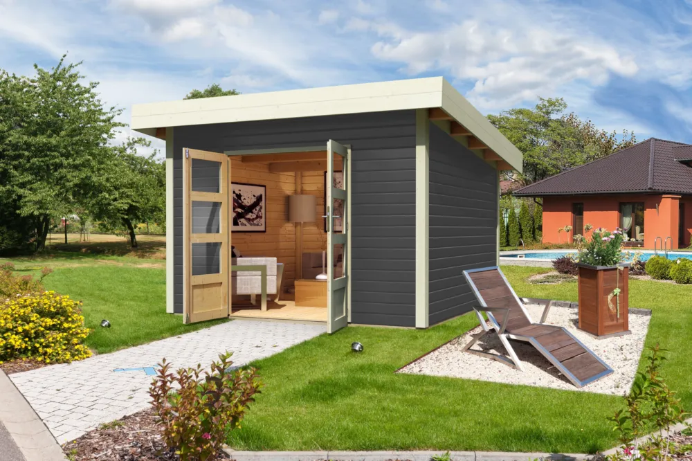 Tuinhuis Northeim 4 Terragrijs Karibu 406x332x230cm Wanddikte 38mm Op = Op
