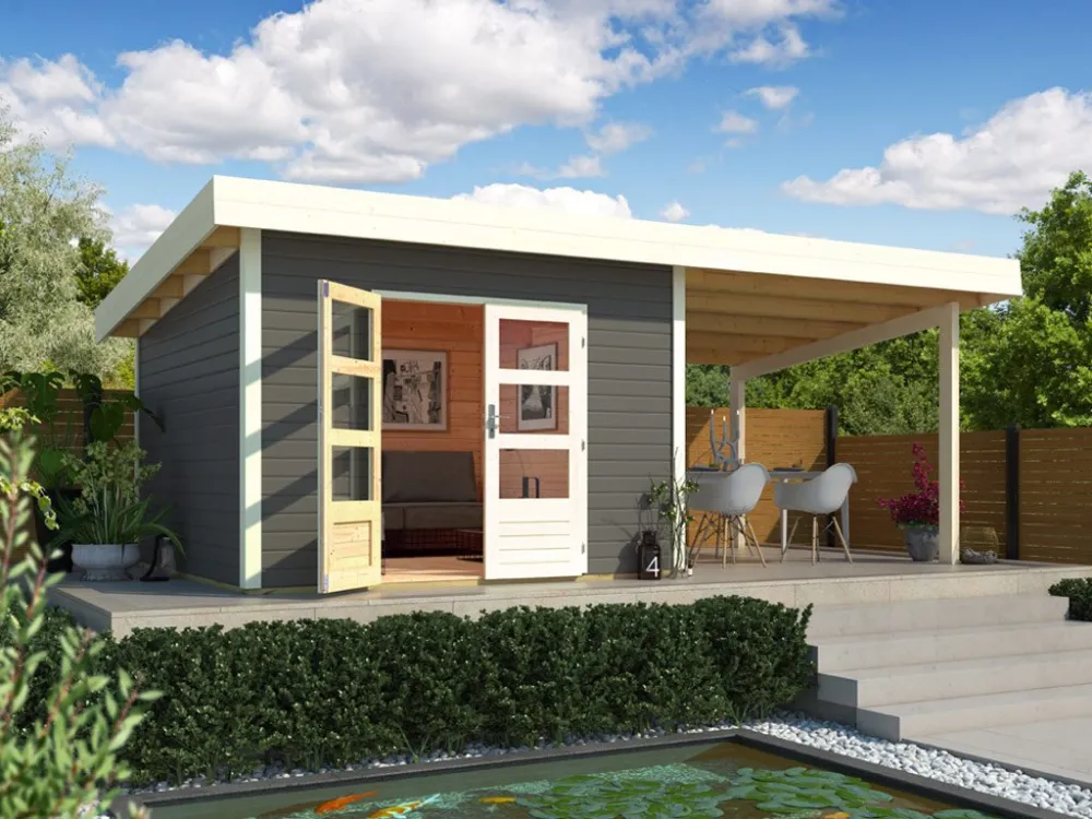 Tuinhuis Northeim 5 Terragrijs met overkapping Karibu 699x369x248cm Uitverkoop