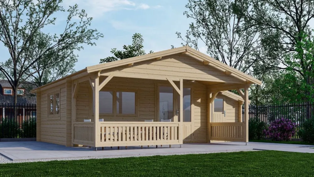 Korting Blokhut 5x4+2 Z Interflex 695x645x280cm met Veranda 200 cm + Zijaanbouw 150 cm Wanddikte 50 mm