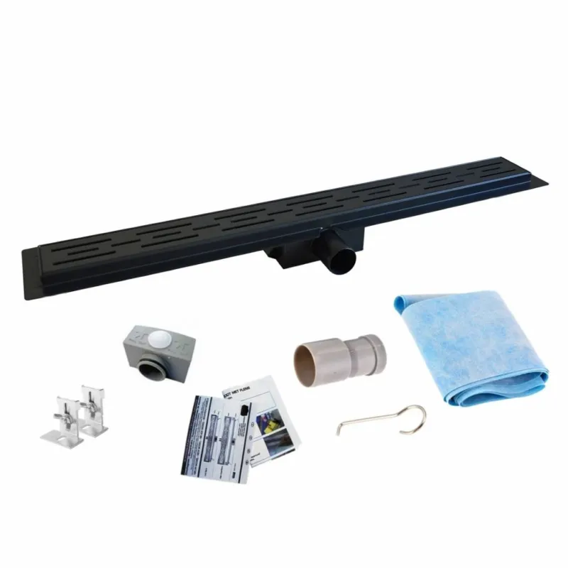 Aanbieding Mat Zwarte RVS Douchegoot Flens met Uitneembaar Sifon 110x7cm 6,7cm Diep MAT ZWART ROOSTER