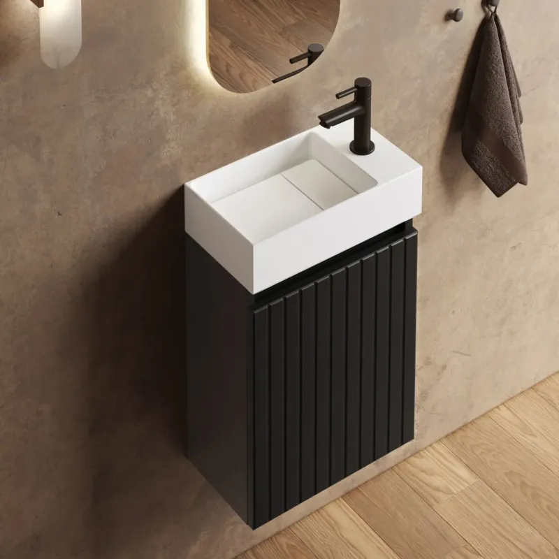 Fontana Itsie toiletmeubel mat zwart ribbelfront 40cm met fontein in mat wit Beperkt Aanbod