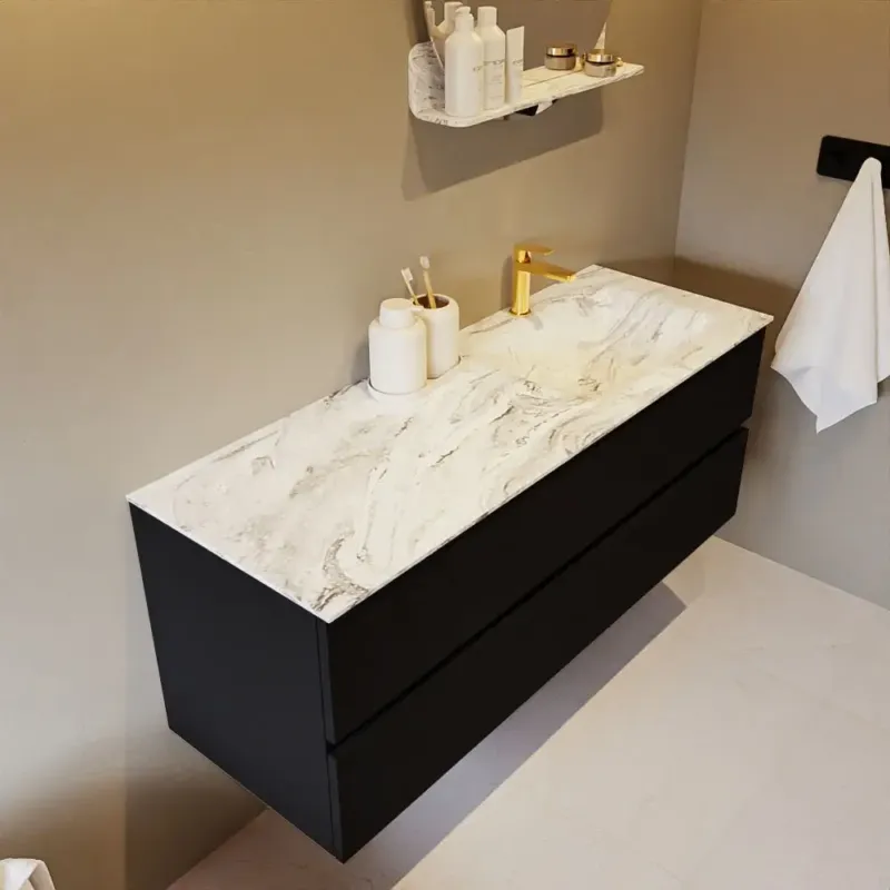 Mondiaz Vica DLux badmeubel 130cm urban 2 lades met wastafel glace rechts 1 kraangat Gecertificeerd